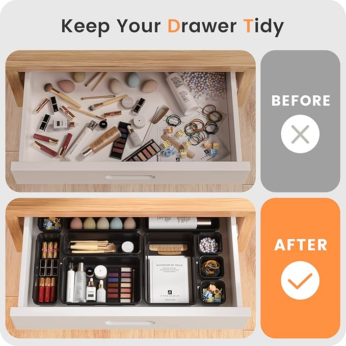 【𝟮𝟮𝗣𝗖𝗦】A-LUGEI Plastic Black Desk Drawer Organizer, Bathroom Organizers and Storage, Makeup Organizer, Organization and Storage Bin Container for Vanity Office Utensils Tool Pantry Cosmetic