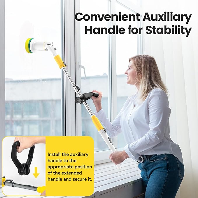 Electric Spin Scrubber, Cordless Cleaning Brush Shower Scrubber Up to 550 RPM with 9 Replaceable Brush Heads, Bathroom Scrubber Adjustable Extension Handle for Bathroom Kitchen Car (Yellow)