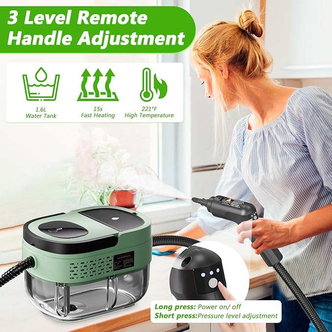 Handheld Steam Cleaner, 2500W High Pressure Steamer for Cleaning, Portable Steam Cleaner with 1.6L Water Tank, 3 Levels Adjustable Handle, Steam Cleaner for Home, Car, Furniture, Bed Bugs (Green)