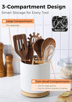 LoeJan 3 Compartment Utensil Holder, Extra Large Utensil Crock, Stable Ceramic Utensil Organizer, Cooking Tool Organizer Set for Kitchen Counter Farmhouse Decor, Textured White