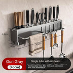 New Multi-Functional Kitchen Rack Home Wall-Mounted Knives Chopstick and Spoon Storage Rack Punch-Free cookware draining Rack, 30, Gray
