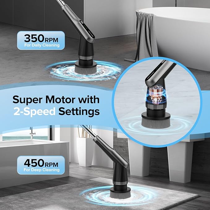 G2-Pro Electric Spin Scrubber - Upgraded 12-in-1 scrubber brush electric, Retractable Handle & 2-Speed for Bathroom, Bathtub, Kitchen, Tile Floors（White/Gray Brush Head）