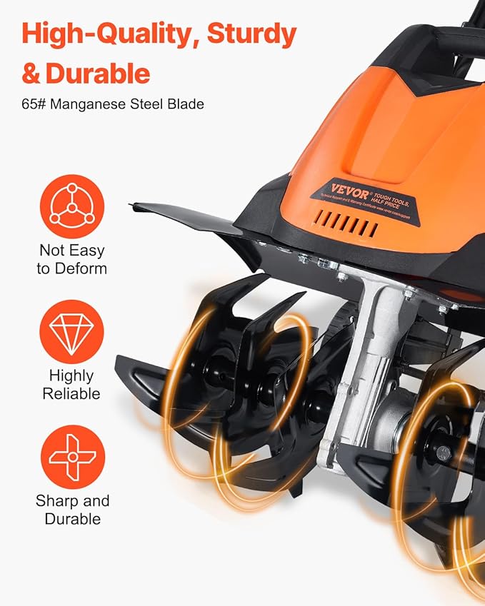 VEVOR 12 Amp Electric Tiller, 18" Tilling Width 3.94" Tilling Depth Corded Electric Tiller/Cultivator, Steel Mn Tines, Rototiller for Garden Lawn Soil Digging