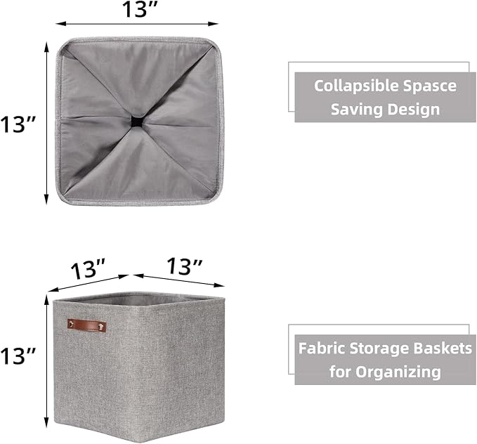 HNZIGE Fabric Storage Cubes Baskets,Set of 4,Foldable Storage Basket with Handles for Organizing,13 x 13 Cube Storage Organizer Bins for Toys, Clothes(Gray)