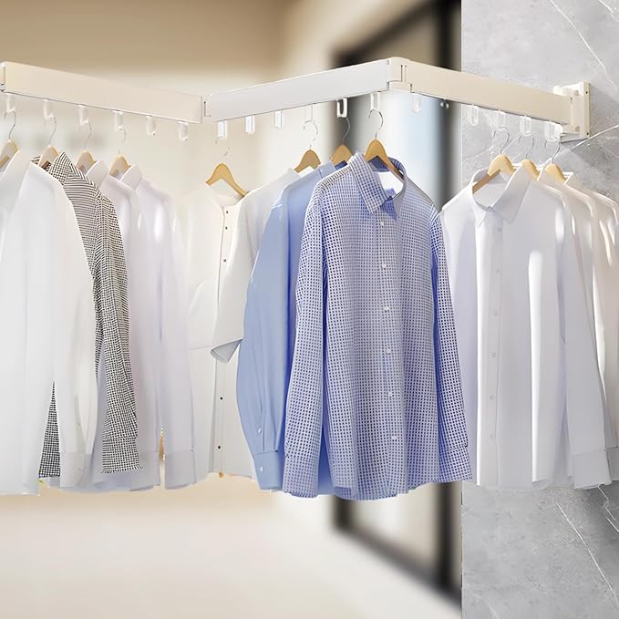 Varku Clothes Drying Rack,Laundry Hanger Wall Mount,Space Saver Retractable Clothes Rack,Folding Wall Hanging Clothes Hanger,3-Fold Metal Clothes Rack with 18 Hooks for Balcony Laundry Bathroom