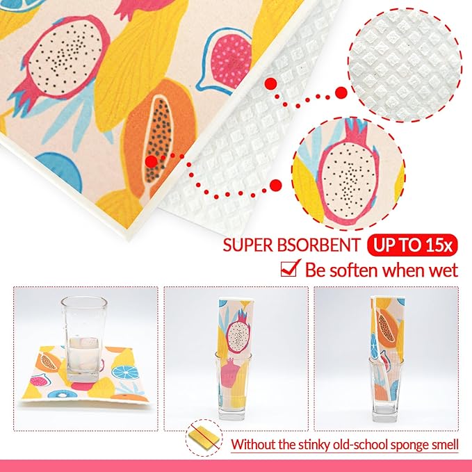 6 - Pack Swedish Kitchen Dish Cloths - Reusable Paper Towels for Counters & Dishes - Eco Friendly Cellulose Sponge Cloth - Assorted (Fruit Plants)