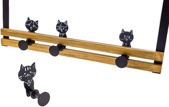creathome Over The Door Rail with 4 Peg Hooks, Lovely Cat Pattern, Classic Style