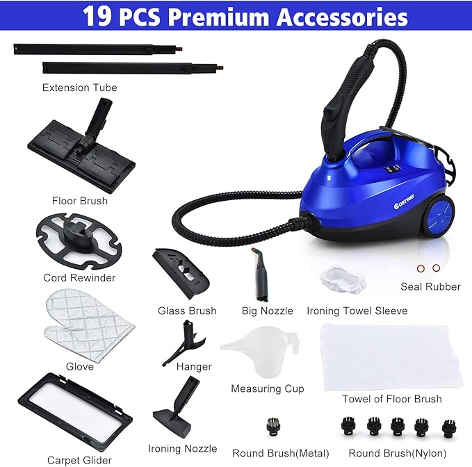 COSTWAY 2000W Multipurpose Steam Cleaner with 19 Accessories, Household Steamer w/ 1.5L Tank for Chemical-Free Cleaning, Heavy Duty Rolling Cleaning Machine for Carpet, Floors, Windows and Cars (Blue)