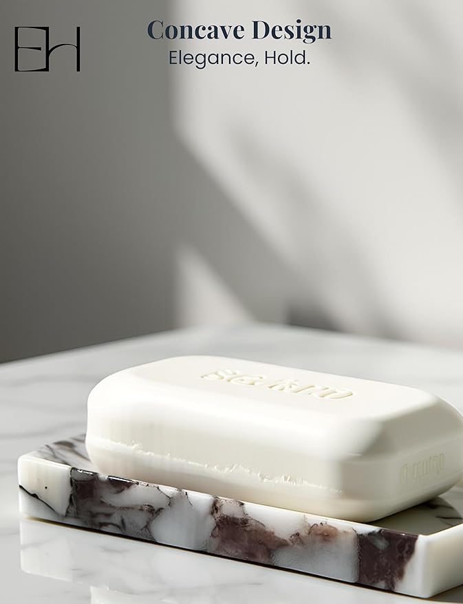 Natural Marble Soap Dish for Shower with Silicone Non-Slip Feet, Stone Drying Tray, Bar Soap Saver, Holder Container for Bathroom Decor Accessories(Calacatta Viola, Rectangular)