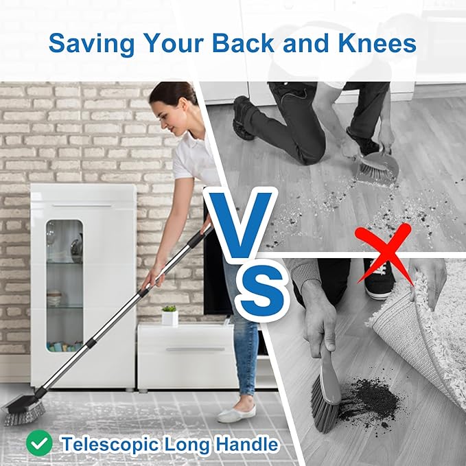 ITTAR Scrub Brush with Long Handle, 10" Wide Stiff Bristles Deck Brush, Heavy-Duty Floor Cleaning Brush, 2-in-1 Scrubber Squeegee Broom for Cleaning Patio, Pool, Kitchen, Garage, Bathroom Floor-Black