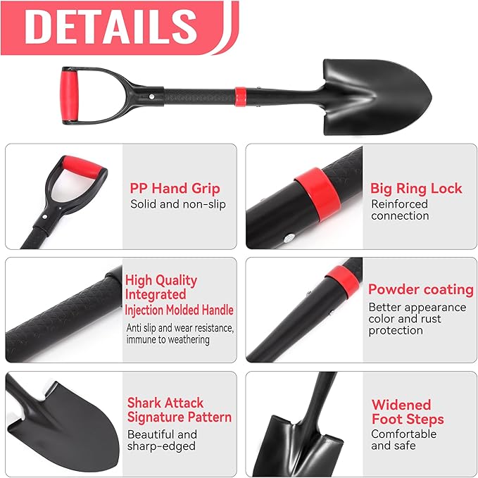 SHARK ATTACK 28 Inch Garden Shovel, Kids Shovel with D-Grip Handle Kids Shovel, Steel Construction with Powder Coating, Compact Digging Tool for Gardening, Camping & Car Emergency(D-Grip mini Shovel)