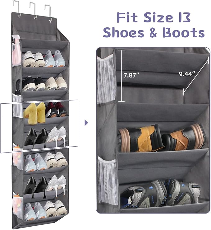 Over the Door Shoe Organizer Hanging with 8 Mesh Pockets 8 Wire Large Deep Pockets, 50lbs Weight Capacity Fits 16 Pairs Shoes Door Shoe Rack Store for Closet and Narrow Door 1 Pack