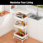 TECBOT 3 Tier Metal Rolling Cart with Wheels, Utility Storage Cart with Handle and Lockable Casters, Storage Basket Organizer Shelves, Easy Assemble for Kitchen, Living Room, Office, Nursery, White