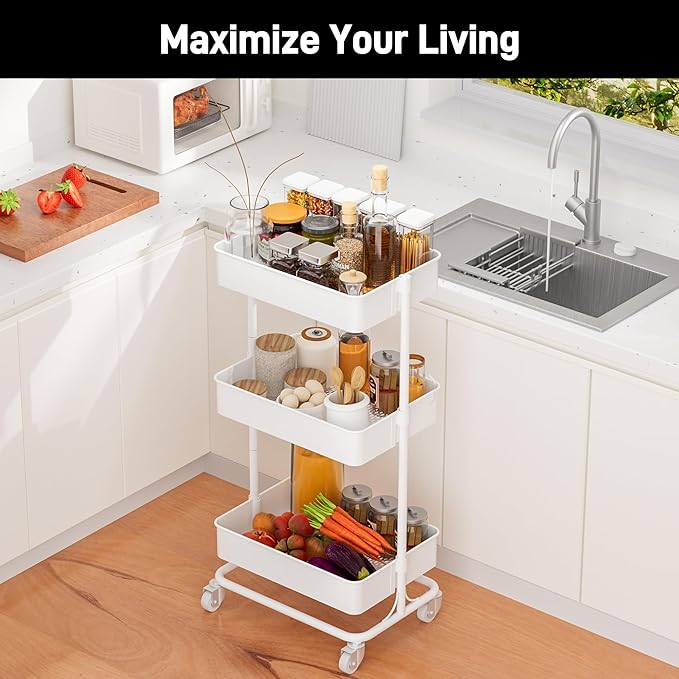 TECBOT 3 Tier Metal Rolling Cart with Wheels, Utility Storage Cart with Handle and Lockable Casters, Storage Basket Organizer Shelves, Easy Assemble for Kitchen, Living Room, Office, Nursery, White