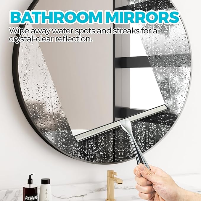 12-Inch All-Purpose Shower Squeegee for Shower Doors, Tile Shower Walls, Bathroom, Window, Glass and Car Windshield, Mirrors and Kitchen-Stainless Steel, Silver