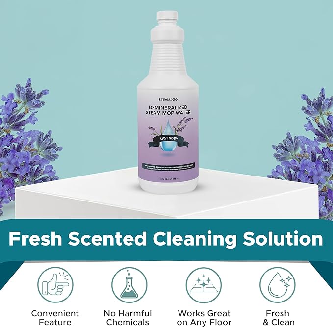 Steam & Go Demineralized Water for Steam Cleaner - PVC-Free Floor Cleaning Solution Compatible for All Steam Mops - Multi-Surface Cleaner for Home Surfaces - Lavender Scent, 32 oz