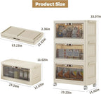 3 Tier - 48QT Storage Bins with Lids, Collapsible Storage Bins with Doors and Wheels, Plastic Storage Cabinet for Easy Storage and Organization for Living Room, Office