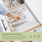 Premium Silverware, Flatware and Utensil Organizer for Kitchen Drawers, Food-Safe Contract Grade, Expandable from 14.5 to 25 In, White Bamboo
