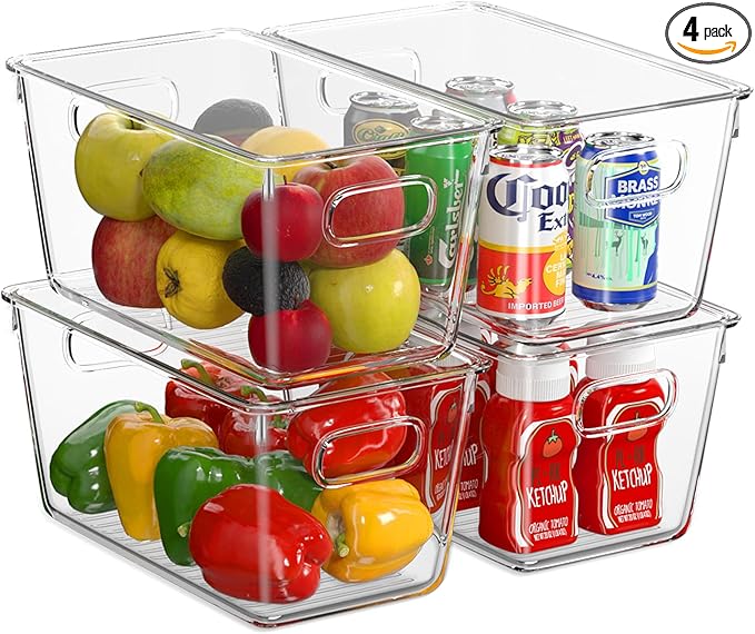 4 Pack Plastic Storage Bins with Lids, Clear Stackable Organizer with Handle, Kitchen Pantry Organizers and Storage, Perfect for Pantry, Refrigerator, Fridge, Bathroom, Cabinet, Closet, Kitchen