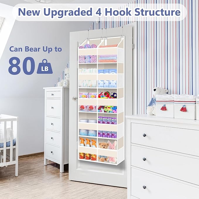 Heavy Duty Over The Door Organizer 5 Tiers, Extra Large Behind Door Storage of 10 Big Front & 10 Mesh Pockets, 80lb Weight Capacity, Doors Organizer Hanging for Closet Bathroom Bedroom Nursery, Beige