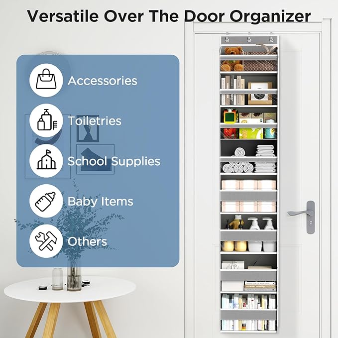 Over The Door Organizer, 8 Shelf Door Hanging Organizers with 8 Large Capacity Pockets, Back of Door Organizer Storage Hanging Shelves for Closet Bathroom Bedroom Nursery