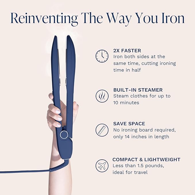 Nori Press Travel Steam Iron - Handheld Iron With Optional Steam Feature - No Ironing Board Required - Easy to Use w/ 6 Fabric Settings - Removes Wrinkles - User Manual Included - Navy