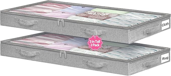 Low Profile Under Bed Storage, 3 Inches High Underbed Storage Containers Bins, NO STRUCTURE, Foldable Clothes Storage and Organizer with Lid & Zipper, Shallow Storage for Low Bed Couch Crib, 2-Pack
