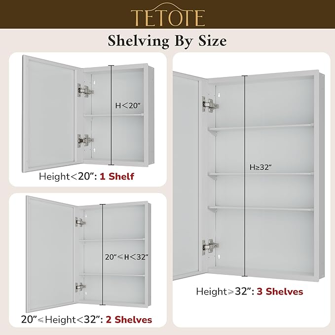TETOTE 40 x 32 Medicine Cabinet with Tempered Beveled Mirror White Bathroom Mirror with Storage Aluminum Cabinet DTC Hinges, Stepless Adjustable Shelves, Recessed/Surface-Mounted