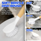 Holikme 3 Pack Dish Brush Set with Bamboo Handle, Kitchen Brushes for Cleaning Pot, Sink and Stove, Skillet Scrubber with Tough Bristles for Cast Iron Grill Pan, Yellow White Black