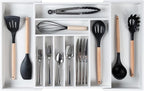 Premium Silverware, Flatware and Utensil Organizer for Kitchen Drawers, Food-Safe Contract Grade, Expandable from 16 to 28 In, White Bamboo