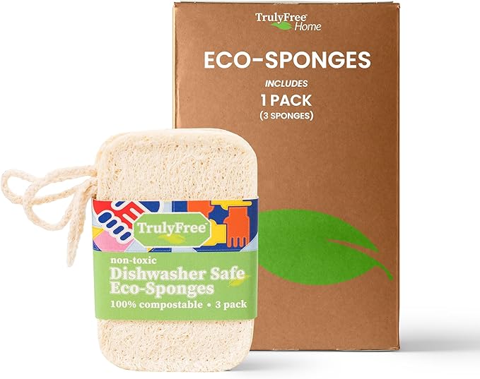 Natural Cleaning Sponges, 100% Organic Luffa Dish Scrubber, Plant-Based Compostable Kitchen Dishwasher Sponge, Cleans Sink, Grout & Tile, Non Scratch Scouring Pad - 4.4 x 2.8 in, Pack of 3