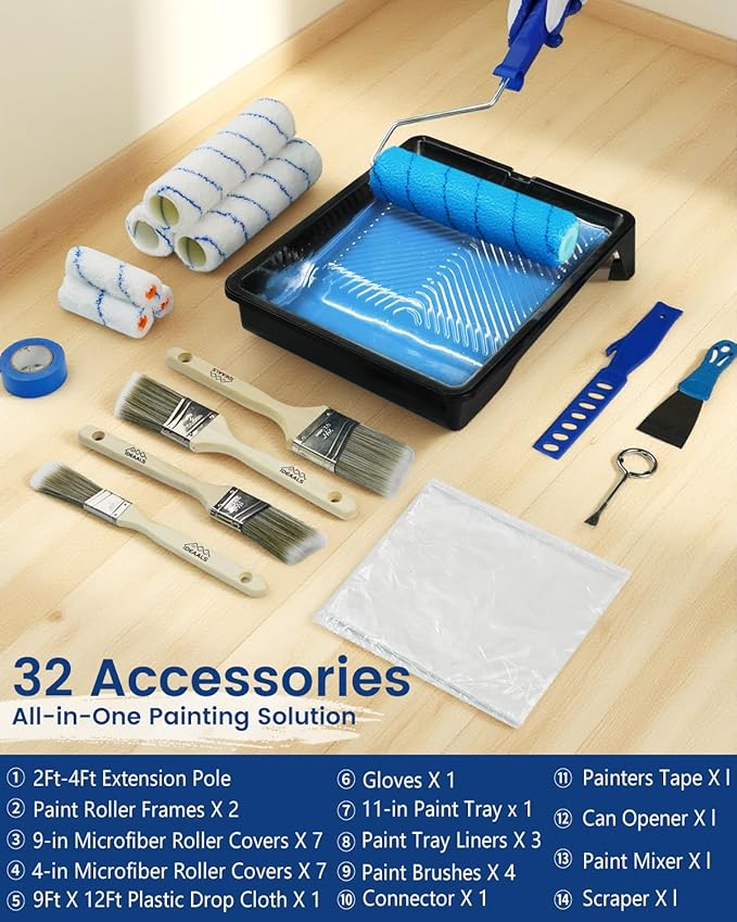 32PCS Paint Roller Kit with Extension Pole - 2 to 4 FT Pole, 4 inch 9 inch Paint Rollers, Paint Brushes for Walls, Painters Tape & Drop Cloth, Microfiber Roller Covers for Professional Painting