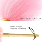 Lambswool Duster 14'' Length Solid Wooden Handle Leather Hang Strap for Cleaning Ceiling Fans Window Blinds Computer Furniture Figurines TV Natural Feather Duster,Pink