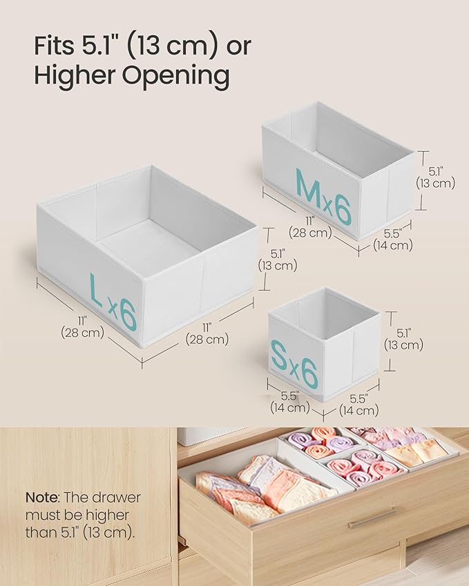 SONGMICS Drawer Organizers, Dresser Divider Organizers, Set of 18, Foldable Fabric Storage Boxes for Socks, Underwear, Bras, Ties, Scarves, Cloud White URDZ006W03