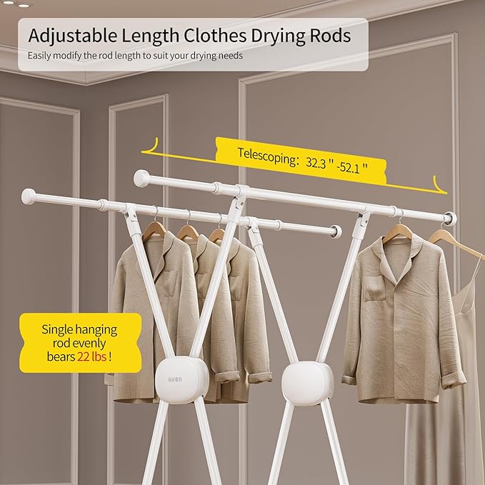 BIREN Clothes Drying Rack Heavy Duty Clothing Racks Extending Laundry Rack Two Drying Modes Garment Racks for Drying Clothes, Adjustable Length from 32-55 Inches for Indoor Outdoor Use