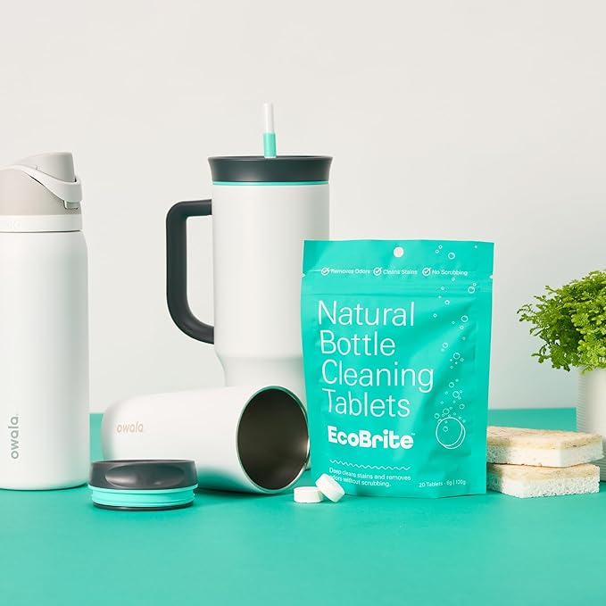 Owala EcoBrite Powerful Cleaning Tablets, Cleans Bottles, Coffee Cups, Pots, Pans, Camping Gear, Pet Bowls, and Much More - 20 pack (Individually Wrapped) Made From Naturally Sourced ingredients