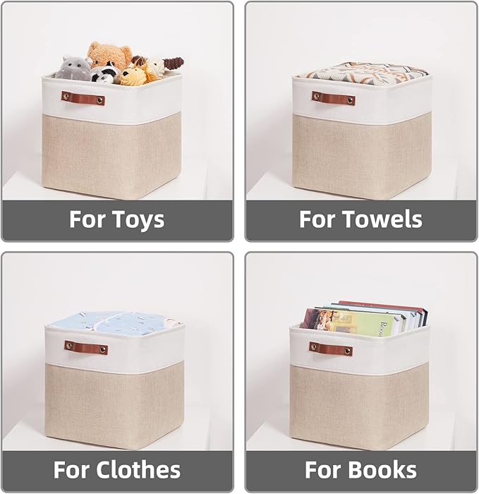 HNZIGE Foldable Storage Baskets(4 Pack) Cube Storage Baskets for Shelves,Storage Cubes for Organizing Closet,12x12 Baskets for Cube Storage,Home Organization with Handles(White&Beige)