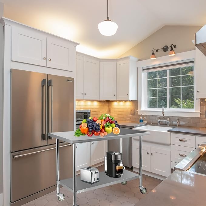 STABLEINK Stainless Steel Table with Caster Wheels 24 x 60 Inches 5ft, NSF Commercial Prep & Work Table with Adjustable Undershelf and Table Foot, for Commercial Kitchen, Restaurant, Hotel and Garage