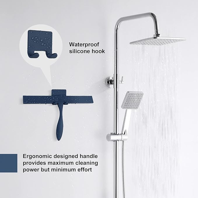 Squeegee for Shower Glass Door, 11-Inch Shower Squeegee for Glass Doors, Bathroom Silicone Squeegees Wiper for Shower with Non-Slip Handle, No-Drilling Silicone Hanging Hook, for Tiles (Dark Blue)