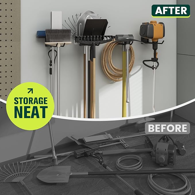 Wall Mount Garage Tool Organizer Storage Hook for Yard Shed, Garden Tool Holder Organizer Rack, Metal Garage Garden Tool Hanger for Lawn Organizer Holds Shovel,Rakes,Brooms,Hoses 4 Pack