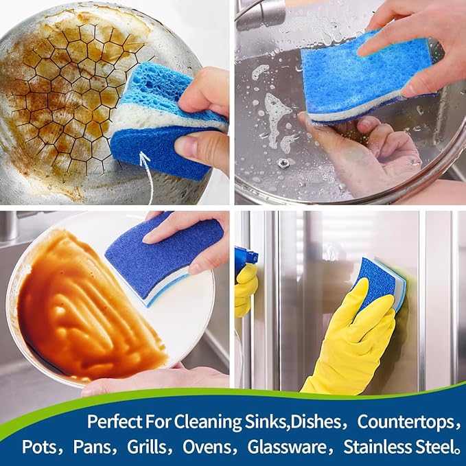 Blue Wood Pulp Sponges 12Pack Non-Scratch Cellulose Scrub Sponge, Dual-Sided Dishwashing Sponge for Kitchen