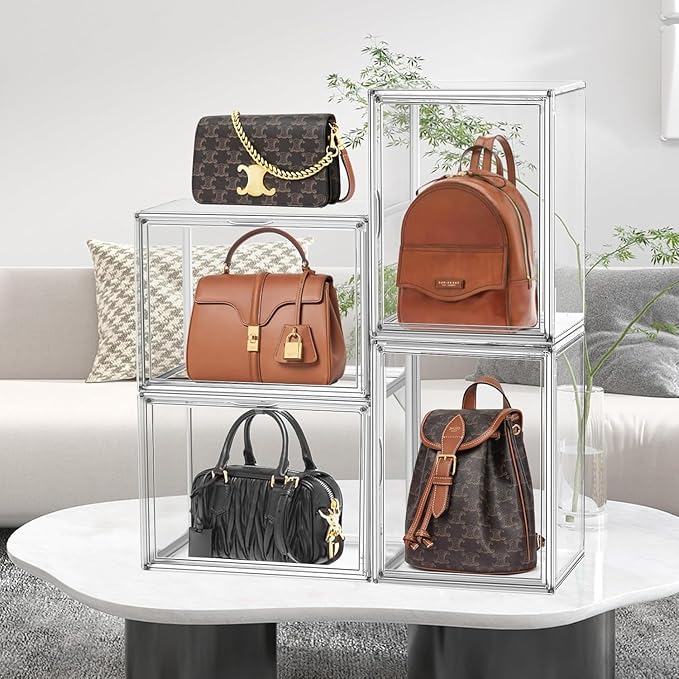 5 Pack X-Large Acrylic Shoe Box Size 14, Clear Sneaker Shoe Display Case Transparent Stackable Storage Box Purse Handbag Organizer, Figure Collectibles Showcase, Fit Underbed, Closet, Bathroom