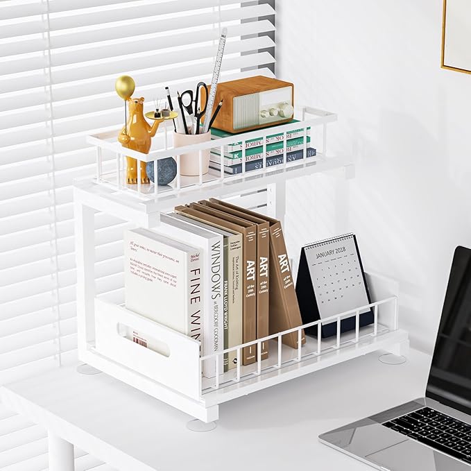 Under Sink Organizer Storage 2-Tier Heavy Duty Metal Pull Out Cabinet Organizer Slide Out Sink Shelf Organizer Height Adjustable, Multi-Purpose Storage Shelf for Kitchen Bathroom (White, 1 Pack)