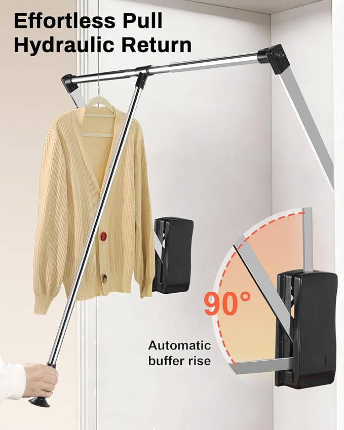 Pull Down Closet Rod 32-45 Inch, 44 lbs Capacity for Hanging Clothes, Polished Metal Wardrobe Lift Rail Organizer with Two-way Buffering, Side-Mounted for Cabinets/Wardrobes