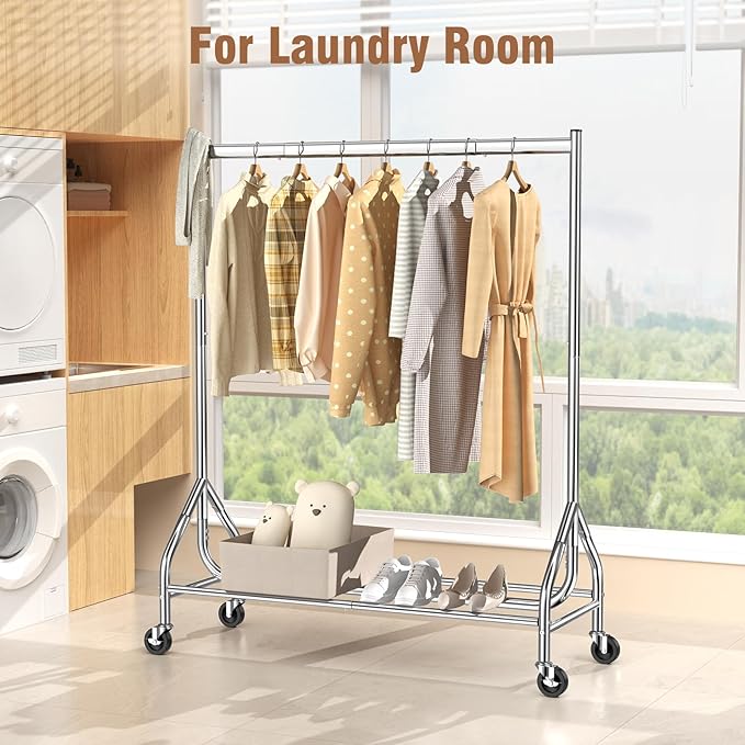 EAGMAK Heavy Duty Clothes Rack Load 420 LBS, 47.2" Long Rolling Garment Rack with Lockable Wheels, Standing Metal Clothing Hanger, Portable Wardrobe Sturdy Coat Organizer for Hanging Clothes (Silver)