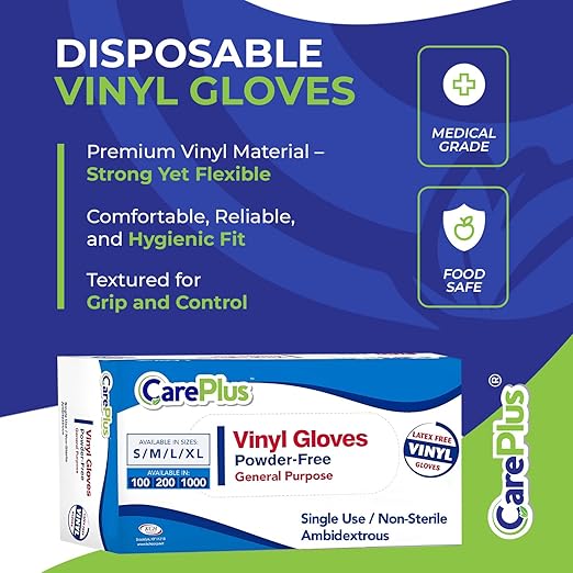 CARE PLUS Vinyl Gloves Clear Extra Large Size 1000 Count | Heavy Duty, Non-Sterile, Powder-Free, Latex-Free Rubber | Food Prep, Kitchen & Cleaning Gloves, Ideal for Professional Use