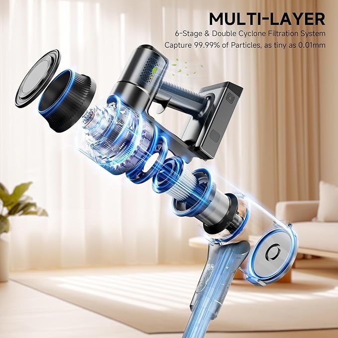 Cordless Vacuum Cleaner, 35Kpa Vacuum Cleaner for Home, 45Mins Stick Vacuum with LED Display, Anti-Tangle & Wall Mount Charging, 6 in 1 Lightweight Vacuum for Hard Floors, Carpet, Pet Hair (Black)