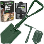RHINO USA Folding Survival Shovel w/Pick - Heavy Duty Carbon Steel Military Style Entrenching Tool for Off Road, Camping, Gardening, Beach, Digging Dirt, Sand, Mud & Snow - Green