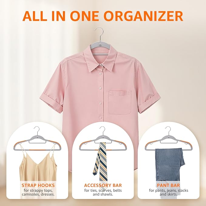 Yolife Cascading Plastic Clothes Hangers 10 Pack with Inner Hook for Vertical Storage, Slim Space Saving Hangers with Non-Slip Pads, 360° Swivel Metal Hook, Versatile, Gray & Orange