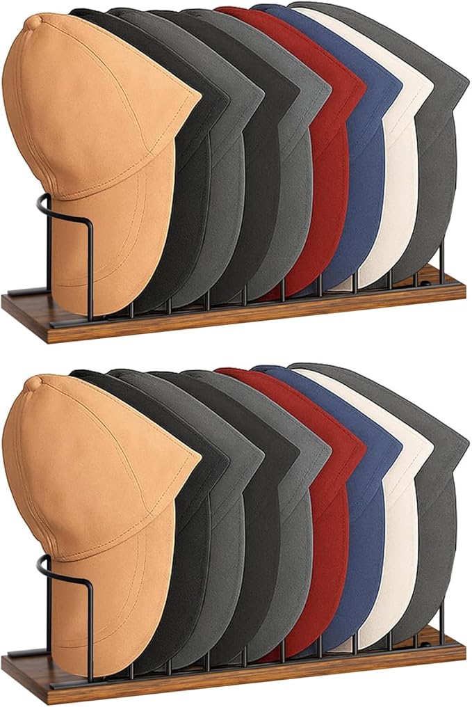 SWTYMIKI Hat Stand for Baseball Caps - 2 Tier Wood & Metal Removable Tabletop Hat Organizer Storage Display Rack, Holds up to 20 Caps for Desk, Closet Shelf, Dresser (Black)
